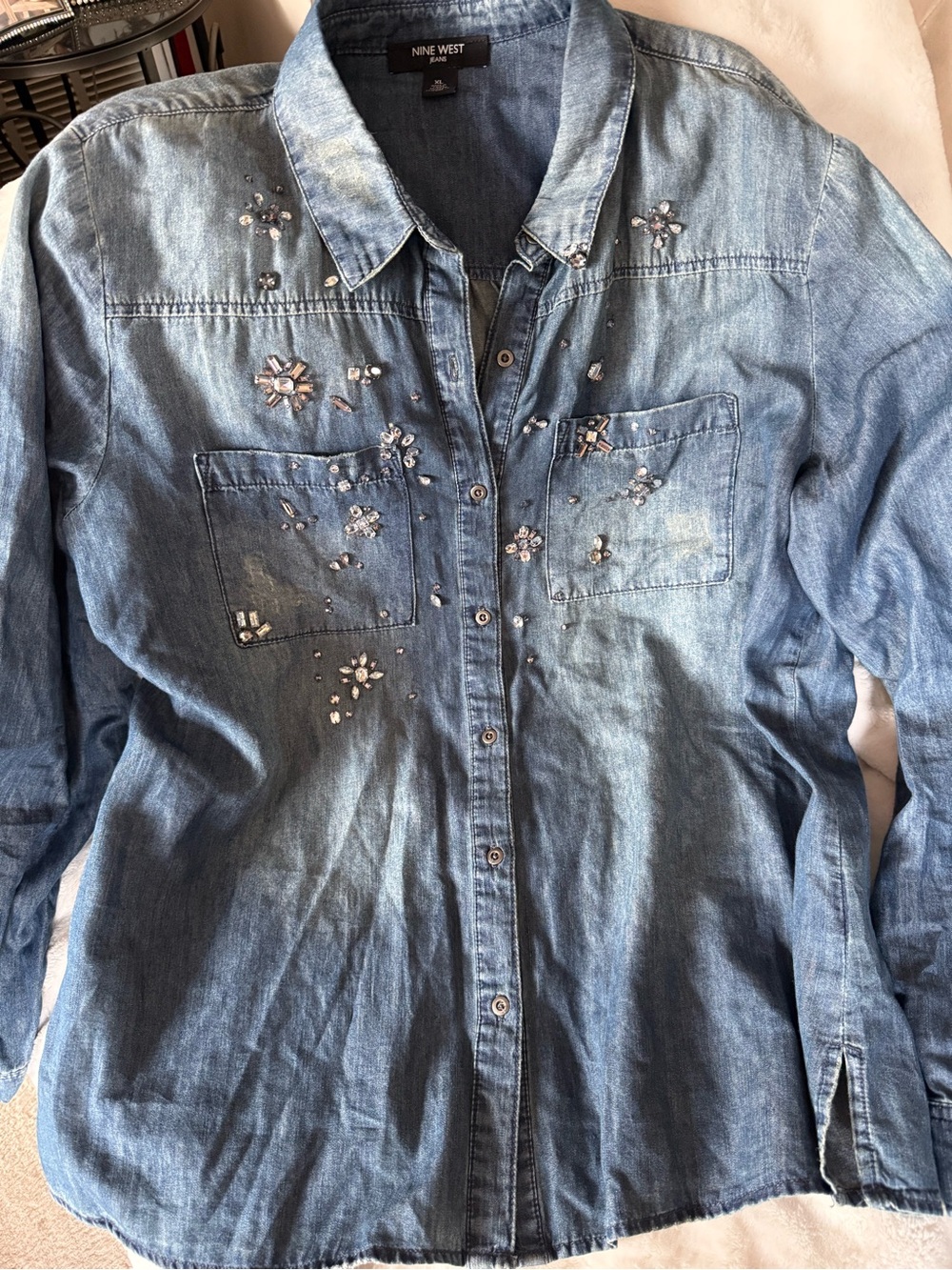 Nine West Stone- Washed Rhinestone Button-Up Shirt - Picture 5 of 6